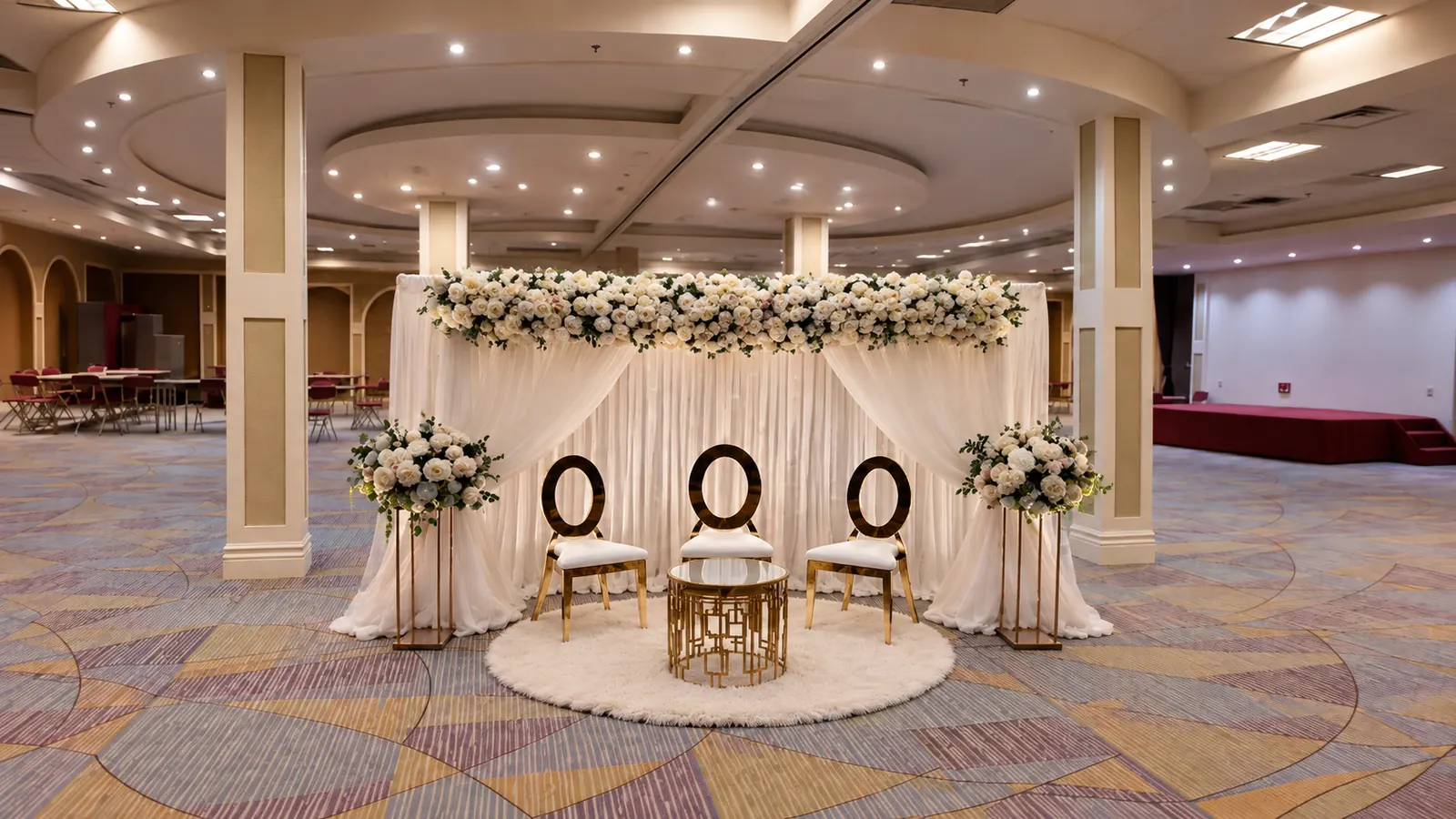 Nikah decor at Anatolia Mosque: a white draped backdrop with a floral arch, fairy lights, gold chairs and a gold table in the hall