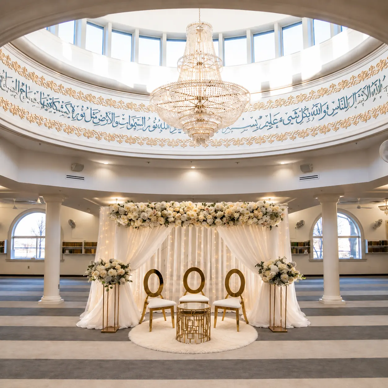 Nikah decor at ISNA Mosque: a white draped backdrop with a floral arch, fairy lights, gold chairs and a gold table under the domed ceiling